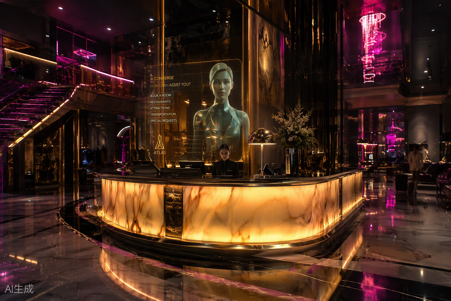 AI 生成的未来感酒店前台与全息投影